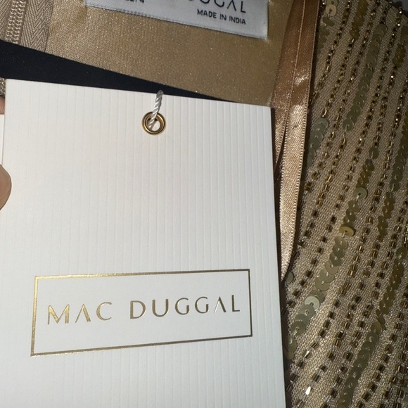 NWT | Mac Duggal 4977 Taupe Gold Sequined V Neck Sleeve A Line Gown Size 4 - Picture 7 of 14